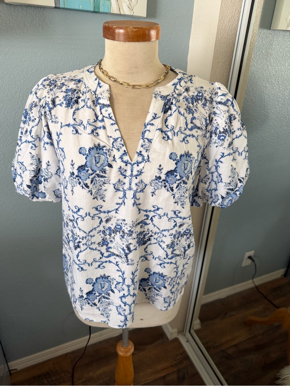 CeCe White Top with Blue Floral Print and V-Neck